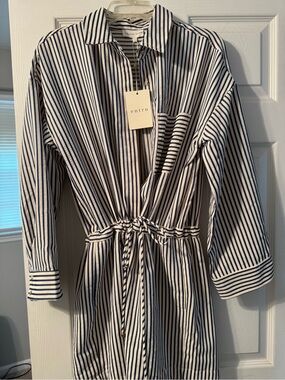 entro Navy & White Vertical Stripe Tie-Waist Shirt Dress
